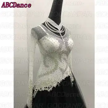 Ballroom dance súťaže šaty oka sukne Moderné tanečné šaty Black white longsleeve Valčík tanečné šaty
