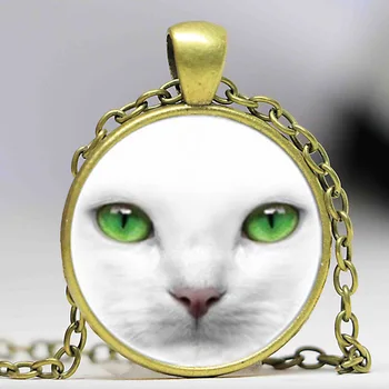 Biela Mačka a Zelené Oči Sklo striebornej Farbe náhrdelník pre ženy, mužov, Šperky