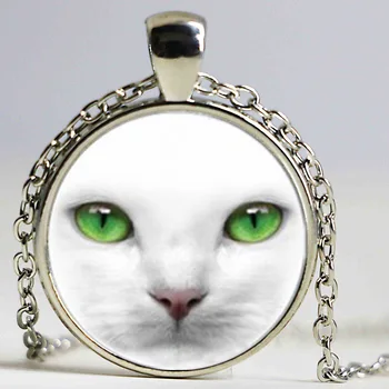 Biela Mačka a Zelené Oči Sklo striebornej Farbe náhrdelník pre ženy, mužov, Šperky