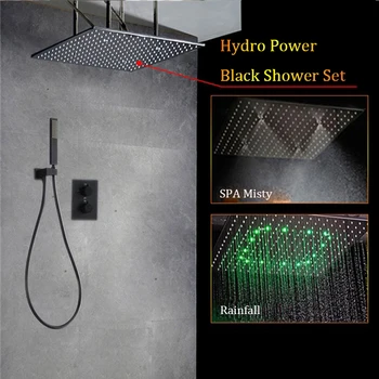 Black LED Sprcha Hlavu Nastaviť Zrážok Hmle 50*50 cm Sprchovací Panel 304 Nerezovej Ocele, termostatické Zmiešavacie Kohútikov na Šetrenie Vody 2 Spôsobmi