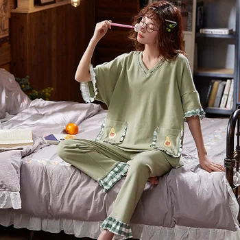 Cartoon Cute Pajamas Women's Spring Summer Sleepwear Set Full Cotton Short-sleeve Pyjamas Sets Loose Outerwear Suit pijama mujer