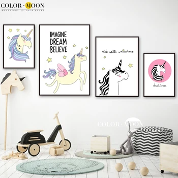 Cartoon Farba Jednorožec Predstavte Si, Že Sen Citát Wall Art Plátno Na Maľovanie Nordic Plagáty A Vytlačí Na Stenu Obrázky Baby Detská Izba Decor