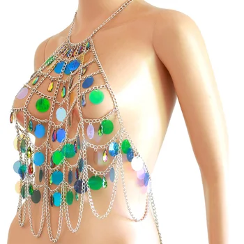 Chran Rainbow Sequin Bralette Postroj Telo Reťazca Burning Man Festival Beach Šperky, Erotické Spodné Prádlo