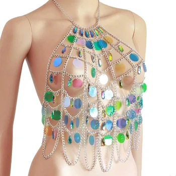 Chran Rainbow Sequin Bralette Postroj Telo Reťazca Burning Man Festival Beach Šperky, Erotické Spodné Prádlo