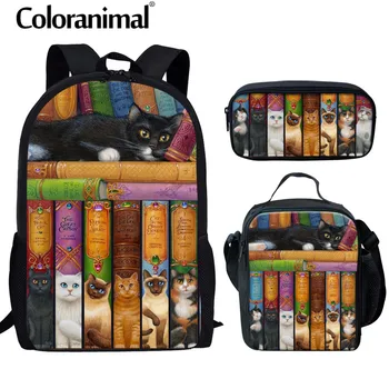 Coloranimal Labrary Knihy, Školské tašky pre Dospievajúce Dievča, Nezbedné, Regálové Mačka Tlač 3D Zvierat Deti Nastaviť Batoh Knihy Tašky