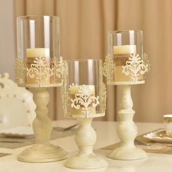 Continental retro biele sklo, sviečky svietidlo vysokej železa dekoratívne tabuľka svadby, narodeninové sviečky pohár