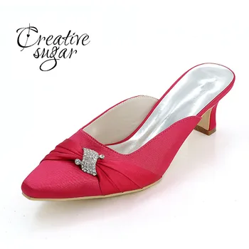 Creativesugar lady satin Tkaných kopyto päty večerné šaty elegantné topánky strany namieril prst pol papuče drahokamu skladaný rose red