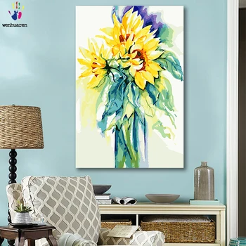 DIY farbív obrázky podľa čísla s farbami Slnečnice váza kvet usporiadanie obrázok kreslenie, maľovanie podľa čísel Domov rámovanie