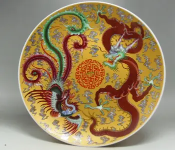 Dekoratívne Čínsky Zriedkavé ručné maľovanie Zriedkavé Rose Porcelánový Tanier Dragon Phoenix