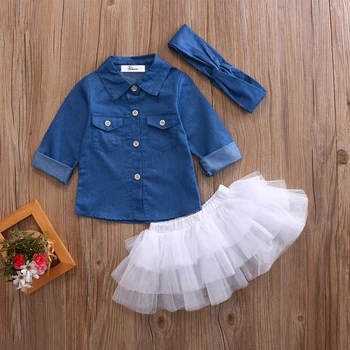 Deti Baby Girl 3ks Oblečenia Nastaviť Denim Tričko Oblečenie+Čipky a Tylu Sukne, Šaty+hlavový most