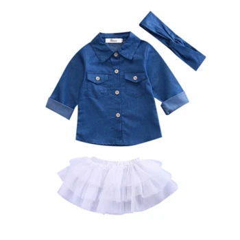 Deti Baby Girl 3ks Oblečenia Nastaviť Denim Tričko Oblečenie+Čipky a Tylu Sukne, Šaty+hlavový most