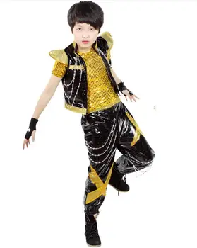 Detské strieborné krátke rukáv šaty hip hop show kostým, oblek chlapec jazz moderné tanečné kostýmy