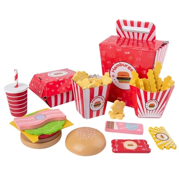 Detský Drevený Predstierať, Hračky, Fast Food, hranie Rolí Hračky Simulácia Hamburger Hranolky Model Set s Box