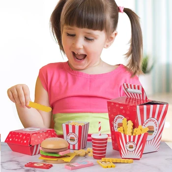 Detský Drevený Predstierať, Hračky, Fast Food, hranie Rolí Hračky Simulácia Hamburger Hranolky Model Set s Box