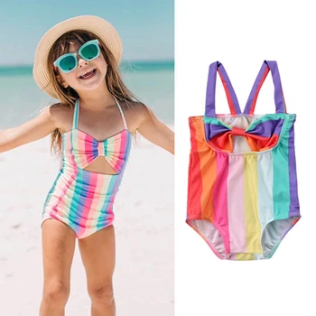 Dievčatá Rainbow Stripe Plavky 2018 Letné Deti Detské Plavky S Uväzovaním Za Jeden Pieve Plavky, Plavky Plážové Oblečenie Brazílske Bikiny Pre Dievčatá