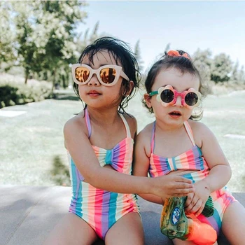 Dievčatá Rainbow Stripe Plavky 2018 Letné Deti Detské Plavky S Uväzovaním Za Jeden Pieve Plavky, Plavky Plážové Oblečenie Brazílske Bikiny Pre Dievčatá
