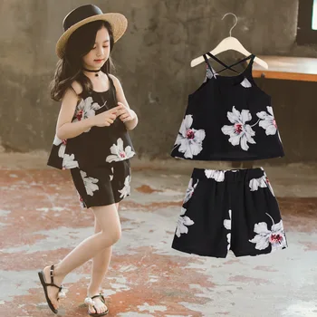 Dievčatá oblečenie vyhovovali lete vyhovovali módne šifón šaty bez rukávov kvet tričko + nohavice 2 ks oblek