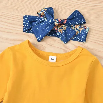 Dieťa Deti, Dievčatá Oblečenie Sady 3ks Dlhý Rukáv Žltá Topy+Blue Print Nohavice+hlavový most jar jeseň denne roztomilý nosenie детская одеж