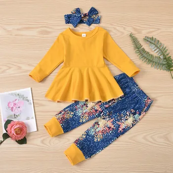 Dieťa Deti, Dievčatá Oblečenie Sady 3ks Dlhý Rukáv Žltá Topy+Blue Print Nohavice+hlavový most jar jeseň denne roztomilý nosenie детская одеж