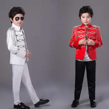 Dieťa muži obleky vzory Deň detí fáze kostýmy pre spevákov mužov anglicko sako tanečné oblečenie bunda strapec šaty biele