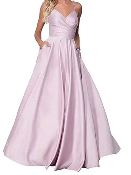 Dlhé ružové šampanské elegantné plesové šaty tvaru satin A-riadok s vrecku večerné šaty 2020