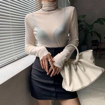 Dlhý Rukáv Módne Oblečenie Slim Transparentné Oka Tenké Sexy Pružnosť T Shirt Ženy T-Shirt Tričko Top 2021 Topy Lete Kórejského