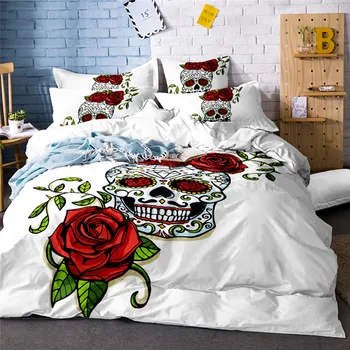 Doprava zadarmo 3/4pcs Ruže kvet lebky posteľná bielizeň Nastaviť King Size Posteľ 3D cukru lebky Perinu obliečka na Vankúš Kráľovná bedline sady biela