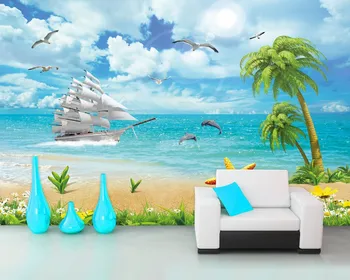 Doprava zdarma Plavby Dolphin Coconut Tree Scenérie, TV joj, Steny Lete Čerstvé, Obývacia Izba, Spálňa Tapety Vlastné 3D nástenná maľba
