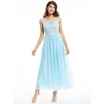 Dressv modrá lopatka krku, dlhé večerné šaty appliques bez rukávov lacné svadobné party formálne šaty linky večerné šaty