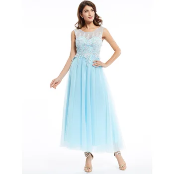 Dressv modrá lopatka krku, dlhé večerné šaty appliques bez rukávov lacné svadobné party formálne šaty linky večerné šaty
