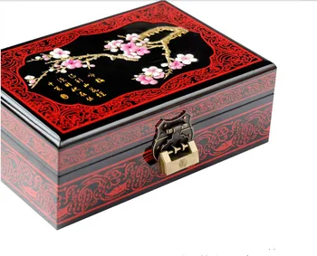 Dvojvrstvové Čínsky Lacquerware Šperky Skladovanie Prípade Zámok Dreva, Krabice Dekoratívne Skladovanie Šperky Set Svadobné Dary