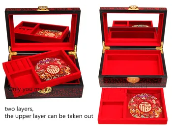 Dvojvrstvové Čínsky Lacquerware Šperky Skladovanie Prípade Zámok Dreva, Krabice Dekoratívne Skladovanie Šperky Set Svadobné Dary