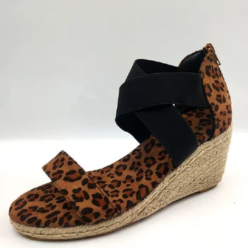 Dámske Letné Kliny Sandále Leopard Kríž Kravatu Snakeskin Dámy Otvorené Prst na Zips Pláže Topánky Mäkké Konope Dno