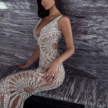 Dámske Luxusné Sexy bez Rukávov tvaru Oka Sequined Späť Split Dlhé Šaty 2020 Módne Elegantné Šaty Vestidos