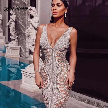 Dámske Luxusné Sexy bez Rukávov tvaru Oka Sequined Späť Split Dlhé Šaty 2020 Módne Elegantné Šaty Vestidos