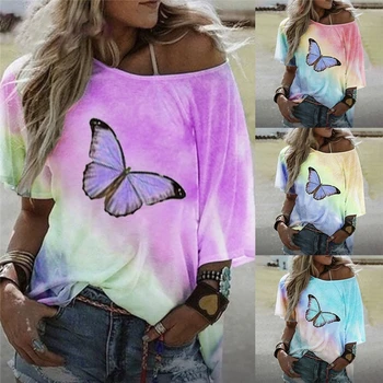 Dámske Tričko Butterfly zmeny Farby, Tlačené Letné Topy Tees Ženy Šaty Off Ramenný Bat Rukáv Bežné Ženské T Tričko
