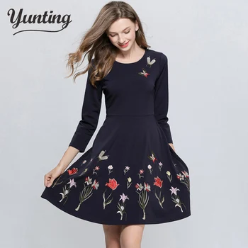 Elegantné Čierne Kvetinové Výšivky Retro Šaty Vestidos 2019 Jar Strany Dráhy Šaty