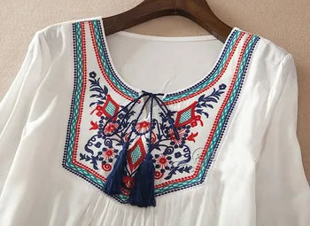 Etnické Dámy Topy Jar 2021 Vintage Tropické Tričko Ženy Blusa Kvetinové Výšivky Bohemia Príležitostné Voľné Modrá Biela Blúzka Ženy