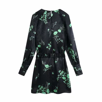 Evfer Ženy Módy Zelené Kvetina Tlače Za Čierne Mini Šaty Lady Chic Elegantné Elastické Vysoký Pás S Blet O-Krku Krátke Šaty