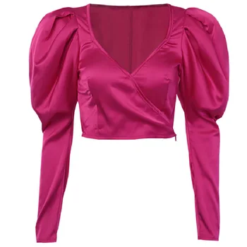 Ezgaga Krátke Vintage Tshirts Jeseň Elegantný Francúzsky Štýl Tvaru Dlhé Lístkového Rukáv Štíhle Pevné Office Lady Sexy Topy Módne, Elegantné