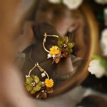FXLRY Originálne Ručne vyrábané Prírodné Perly Vintage Sušené kvety Veľký Kruh Náušnice Pre Ženy, Svadobné svadobné šperky
