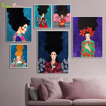 Farebné Vlasy Dievča Kvet Moderná Žena Wall Art Plátno Na Maľovanie Nordic Plagát Na Stenu Obrázky Pre Obývacia Izba Domova Bez Rámu