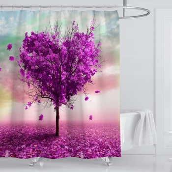 Fialová Láska Strom Sprchové Závesy Kúpeľňa Opony Vysoko Kvalitné 3D Ružové Listy Nepremokavé Tkaniny Vaňa Záves s 12 Háčiky