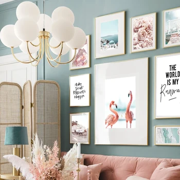 Flamingo Pobrežné Mesto Pivónia Citácie Krajiny Umelecké Plátno Na Maľovanie Nordic Plagáty A Potlačou Obrazov Na Stenu Pre Obývacia Izba Dekor