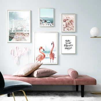Flamingo Pobrežné Mesto Pivónia Citácie Krajiny Umelecké Plátno Na Maľovanie Nordic Plagáty A Potlačou Obrazov Na Stenu Pre Obývacia Izba Dekor