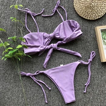 Floylyn Fialová Luk Uzol Bikiny Monokiny Obväz Brazílske Bikini Set Plavky Ženy Bandeau Plavky Kravatu Prednej Plavky
