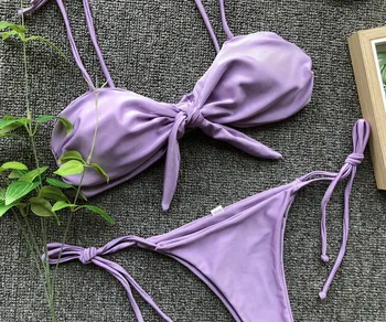 Floylyn Fialová Luk Uzol Bikiny Monokiny Obväz Brazílske Bikini Set Plavky Ženy Bandeau Plavky Kravatu Prednej Plavky