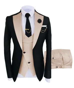 Formálne Business Módne 3 Kusy Pánske Oblek Pevné Tuxedos Bunda, Modrá, Hnedá Béžová pre Svadby Ženích(Sako+Vesta+Nohavice)