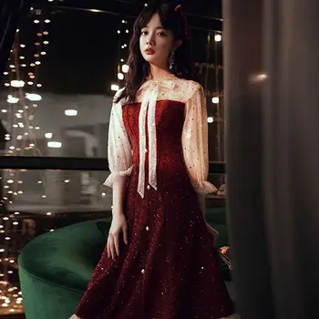 Francúzska Žena Vianočné Sladké Lolita Dievèa Vintage Elegantné Šaty Renesancie Červená Jemné Víla Bowknot Čipky Patchwork Midi Šaty