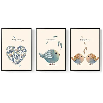 HAOCHU Triptych Vintage Kawaii Cartoon Vtákov Plátno Art Print Maľovanie Plagátu na Stenu, Obrazy Na Steny Domov Dekor Č Rám